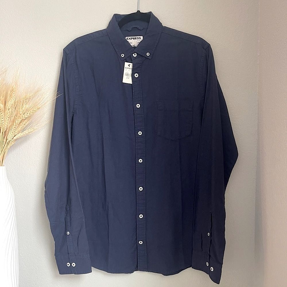 Express Men's Navy Blue Slim Soft Wash Dress Shirt - Size M Tall/Long